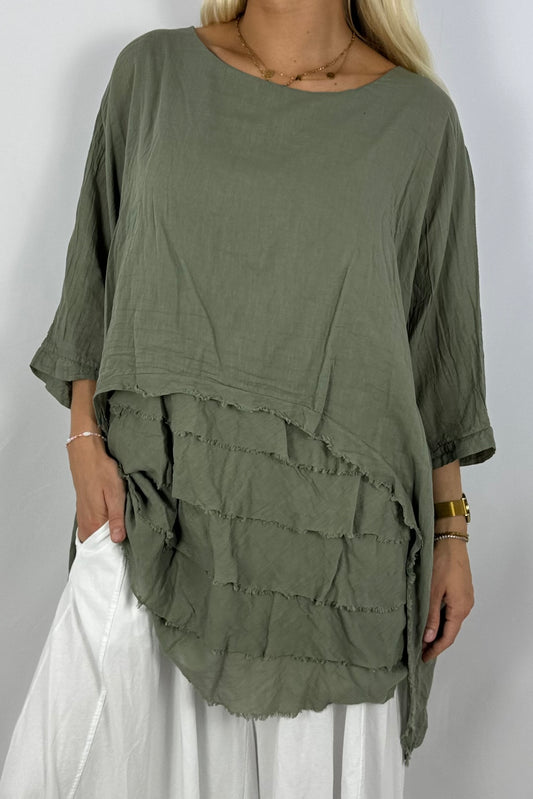 Oversize Baumwollshirt mit Volant-Rückseite-Khaki