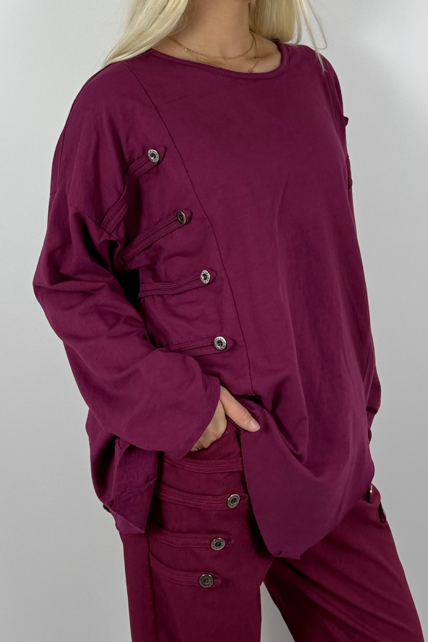 Damen Oversize Shirt mit Knopfdetails – Bordeaux