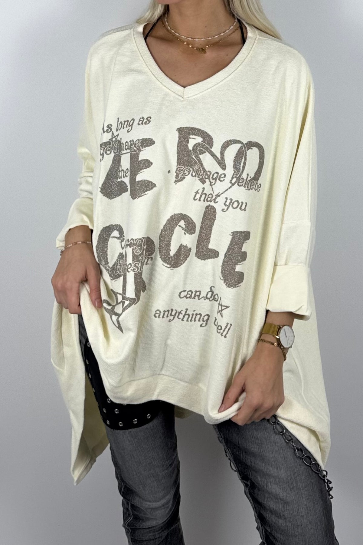 Damen-Sweatshirt mit V-Ausschnitt und Glitzerprint-Butter