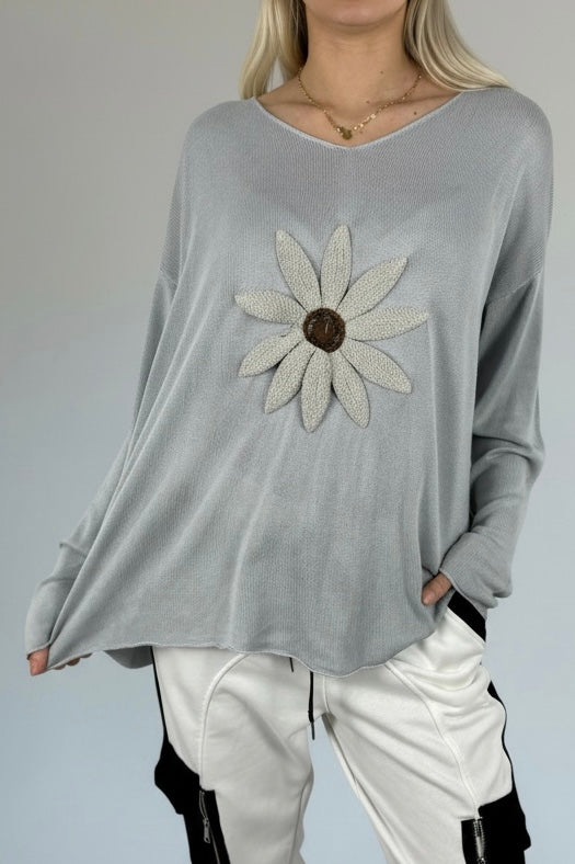 Shirt mit V-Ausschnitt & floraler Applikation-Grau