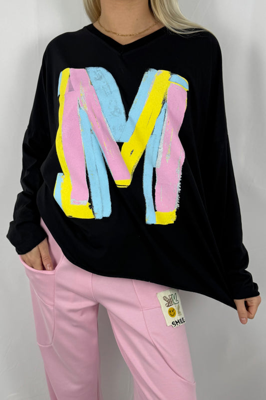 Oversize Shirt mit V-Ausschnitt & Letter-Print –Schwarz