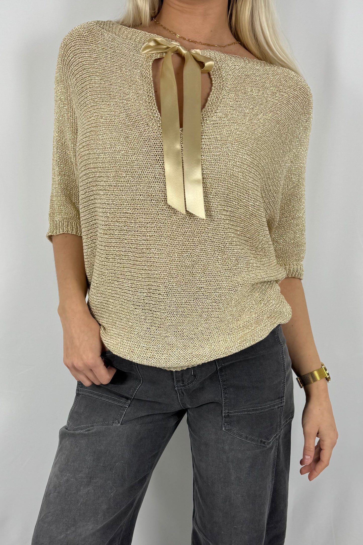 Damen Strick Shirt mit Schleifen Detail-gold