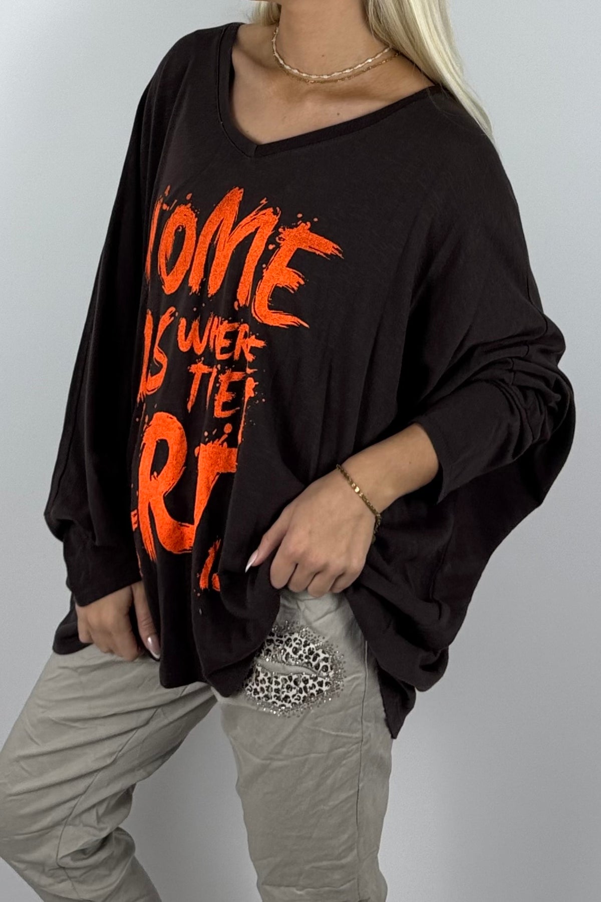 Damen Oversize-Shirt mit Statement-Print-Schoko