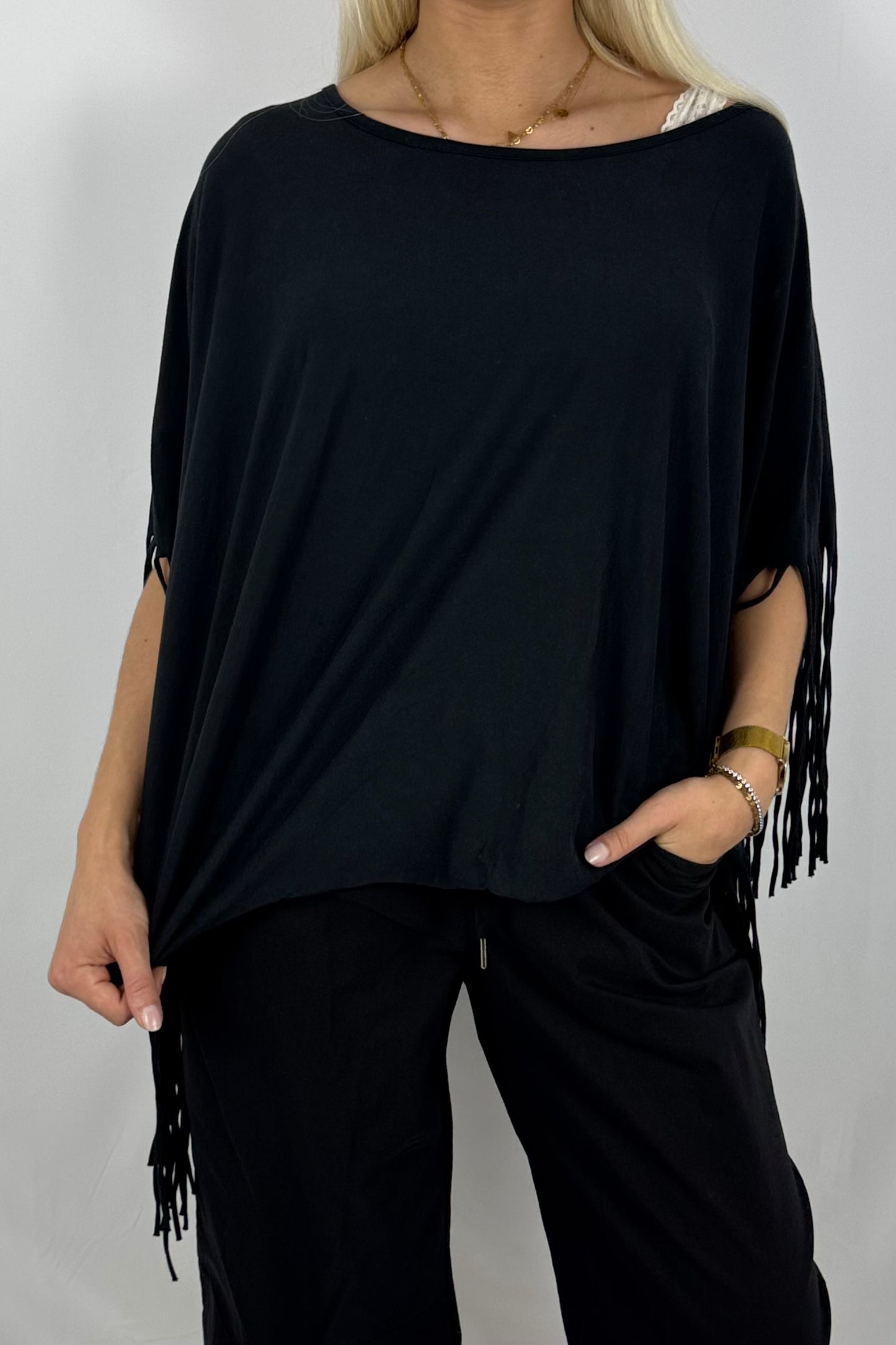 Fransen-Shirt aus Baumwollmix-Schwarz