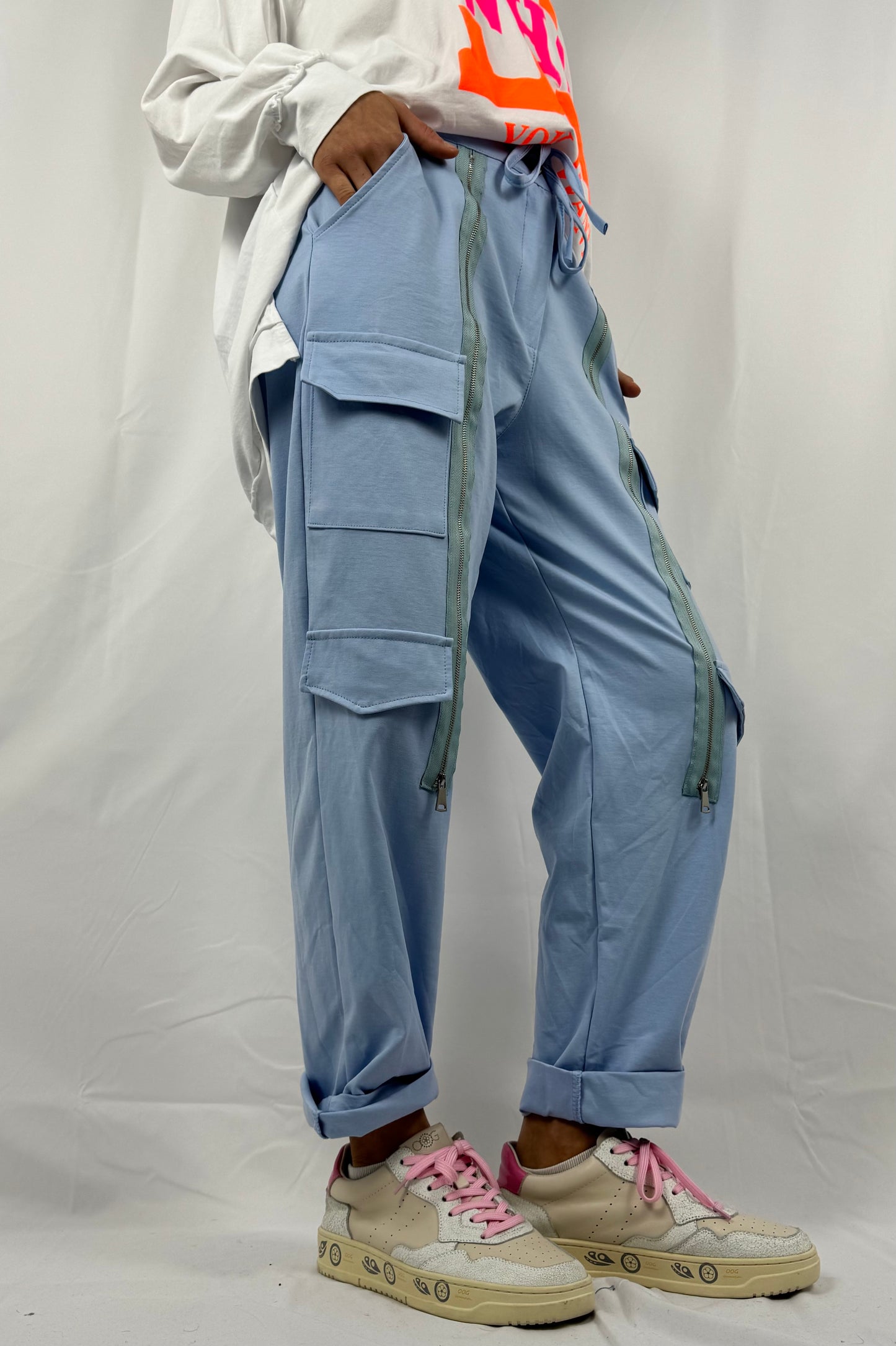 Hose mit Elastikbund, Zipper-Details & Taschen-Hell Blau