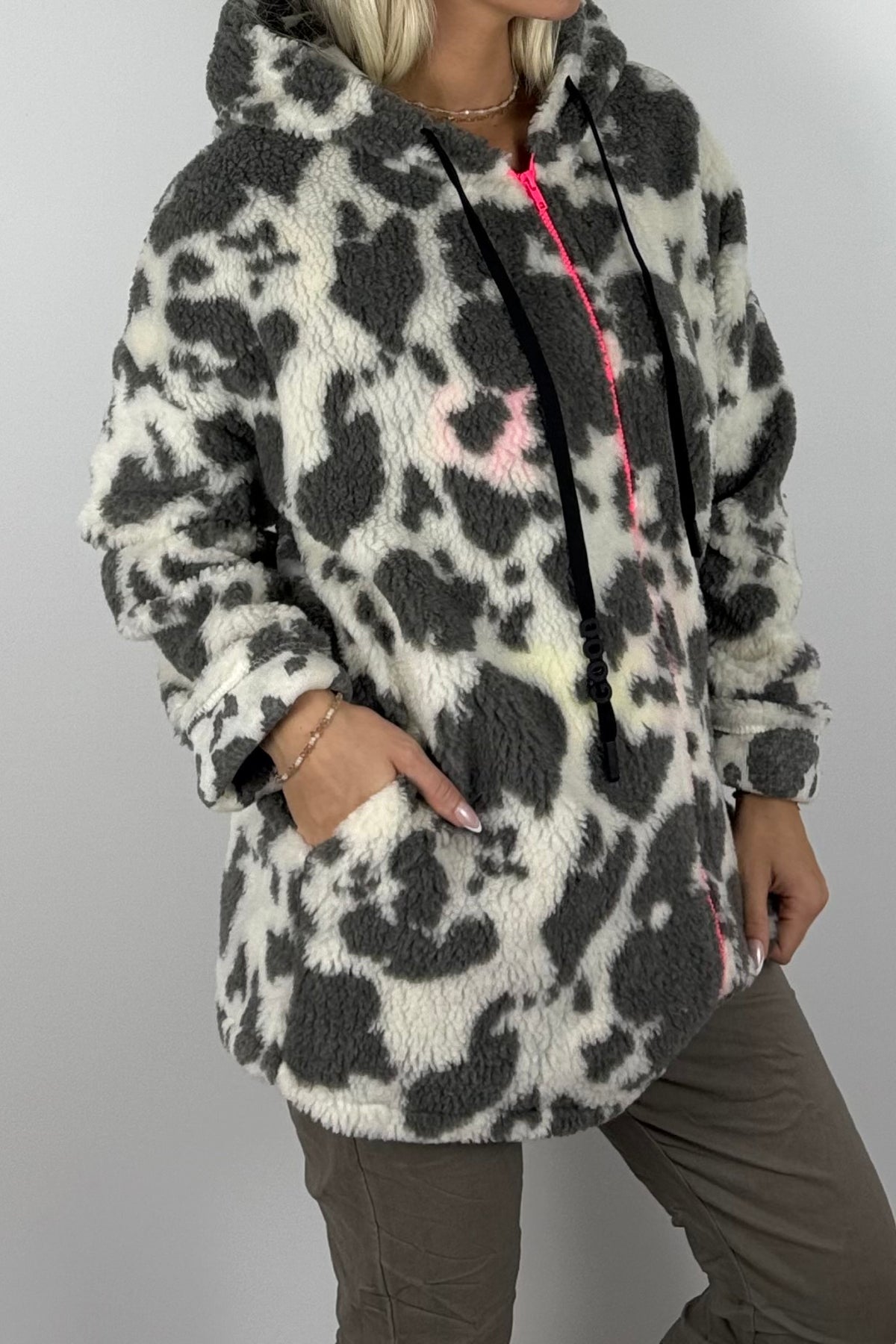 Damen Teddyjacke mit Kapuze-Hell grau