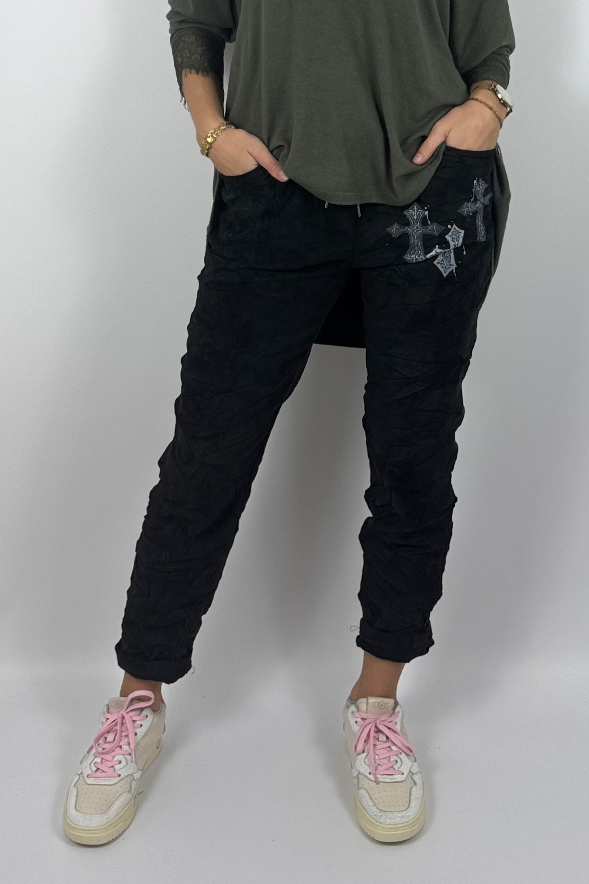 Damen Hose mit Kreuz-Details –Schwarz
