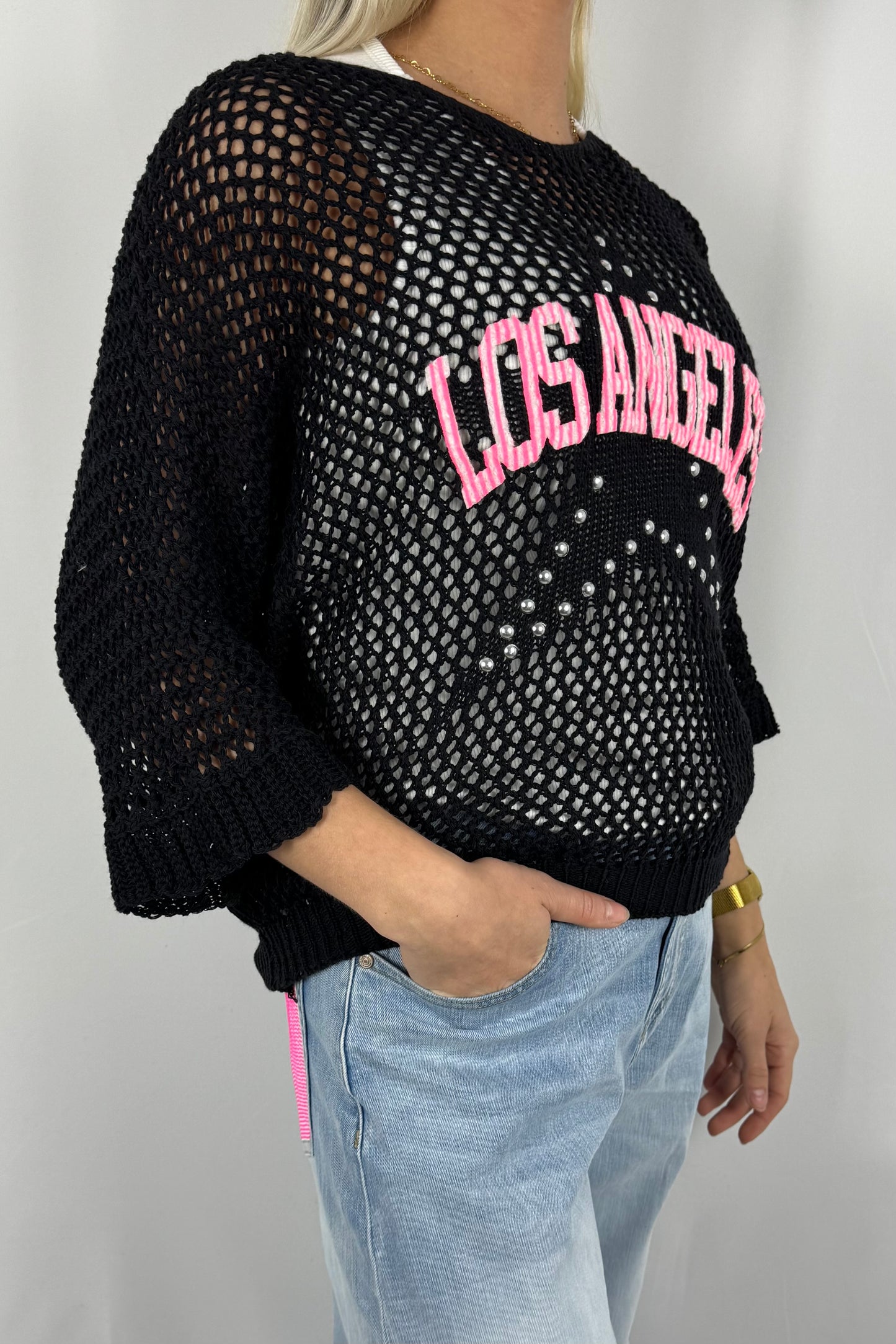 Damen Strickshirt „Los Angeles“ mit Strass-Schwarz