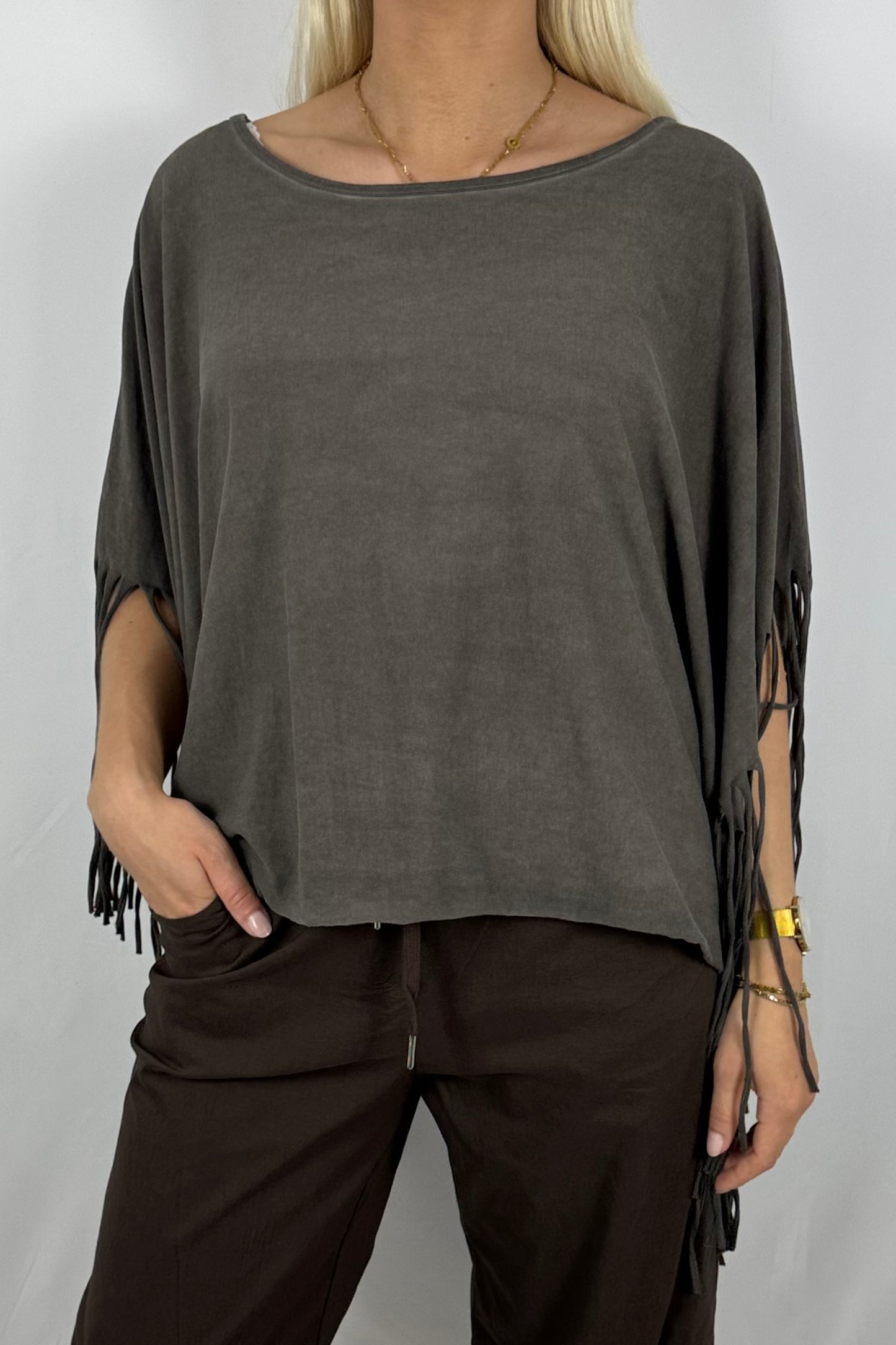 Fransen-Shirt aus Baumwollmix-Schoko