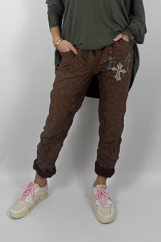 Damen Hose mit Kreuz-Details –Schoko