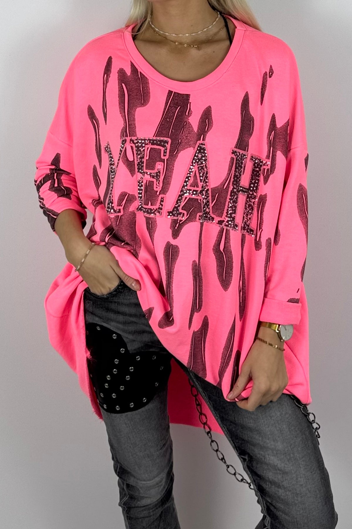 Damen-Sweatshirt mit „YEAH“-Schriftzug und Glitzersteinen-Neon Pink