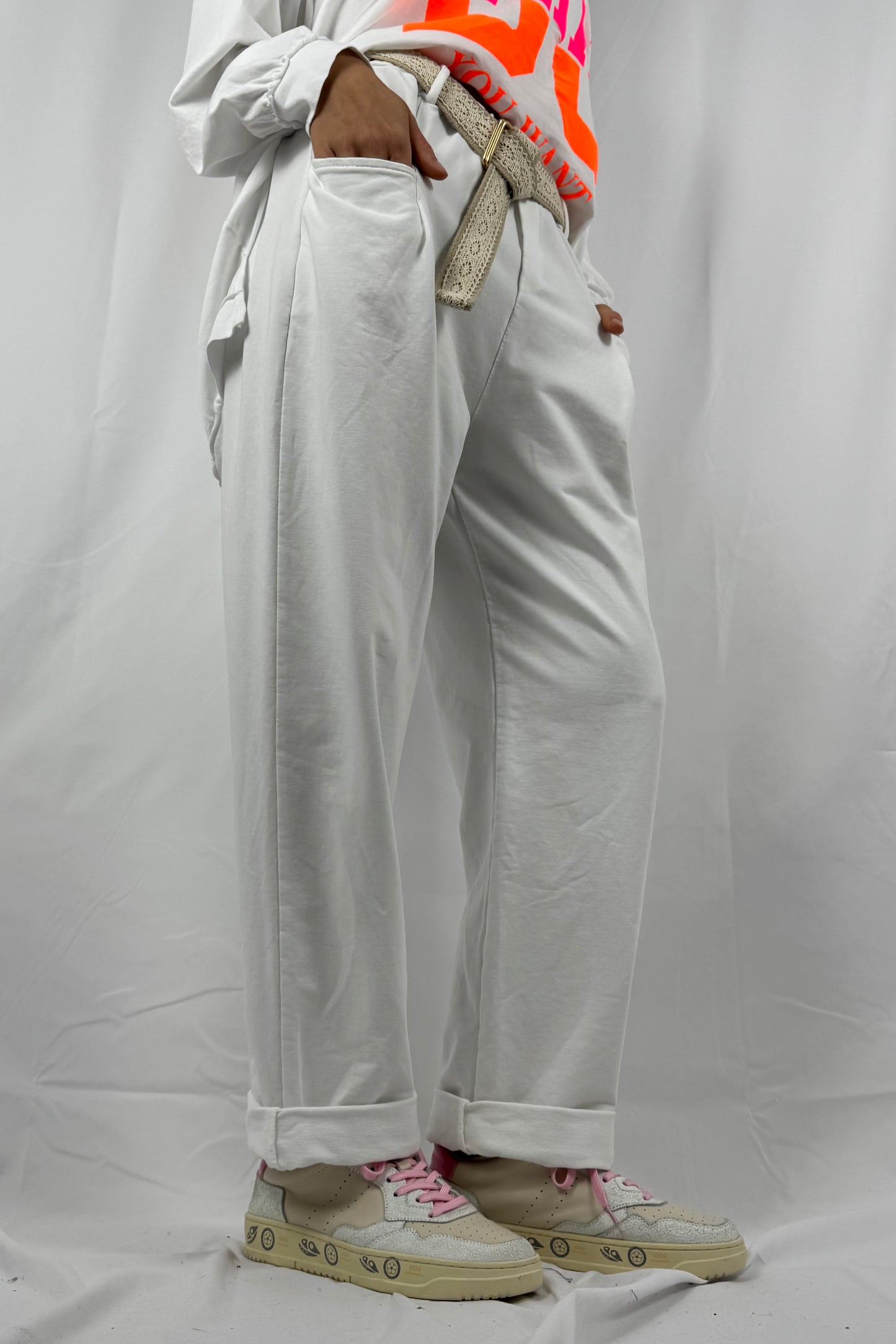 Hose mit Bindegürtel & lockerer Passform-Weiß