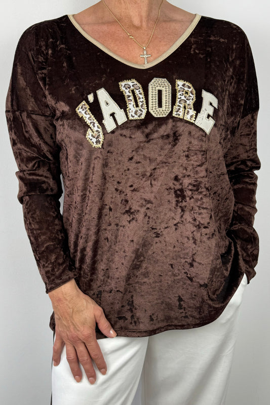 Damen Longsleeve aus Samt – J’ADORE Print & V-Ausschnitt