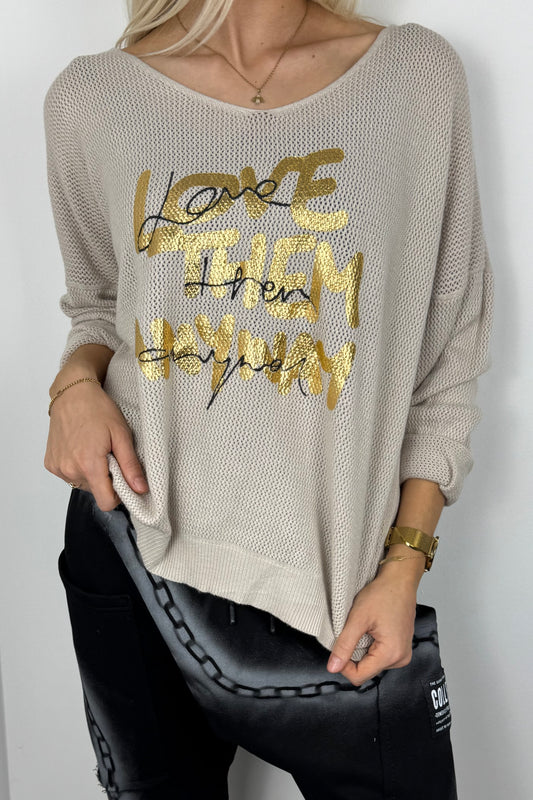 Damen Shirt mit Glitzer-Schriftzug „Love Them Anyway“ –Beige