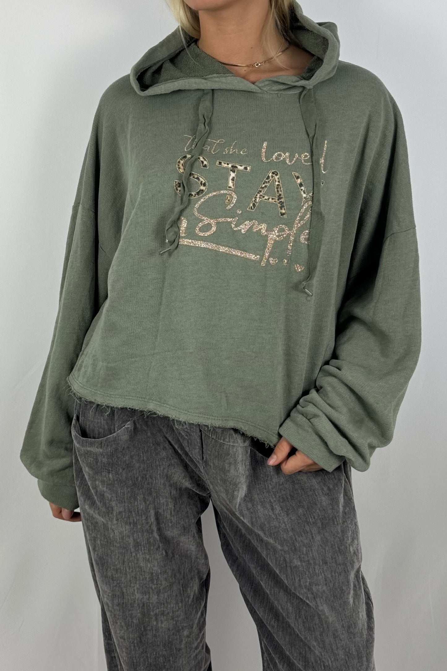 Damen Hoodie – Cropped mit Statement-Print-Khaki