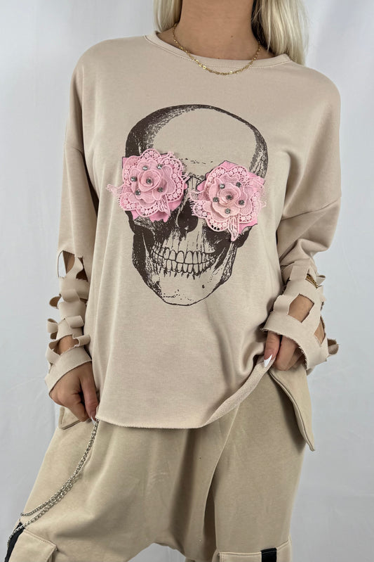 Oversize Shirt mit Totenkopf-Print & Cut-Out-Ärmeln –Beige