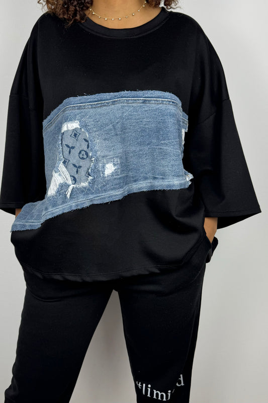 Schwarzes T-Shirt mit Jeansdetails – cooler Kontrast-Look