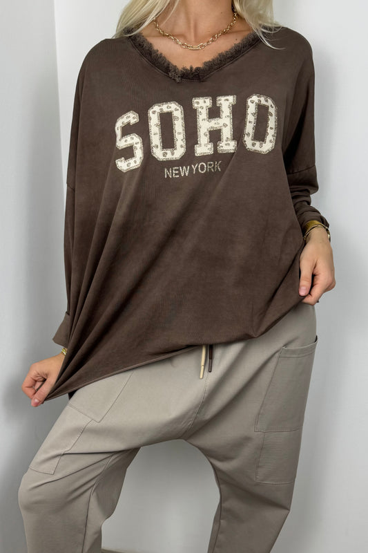Oversize Shirt „SOHO New York“ mit Fransen-Detail-Choco
