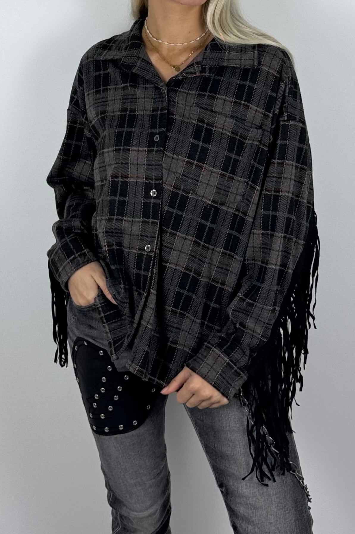 Damen-Karobluse mit Fransen-Anthrazit