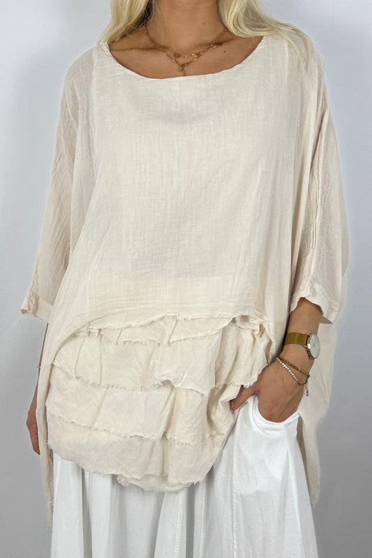 Oversize Baumwollshirt mit Volant-Rückseite-Beige