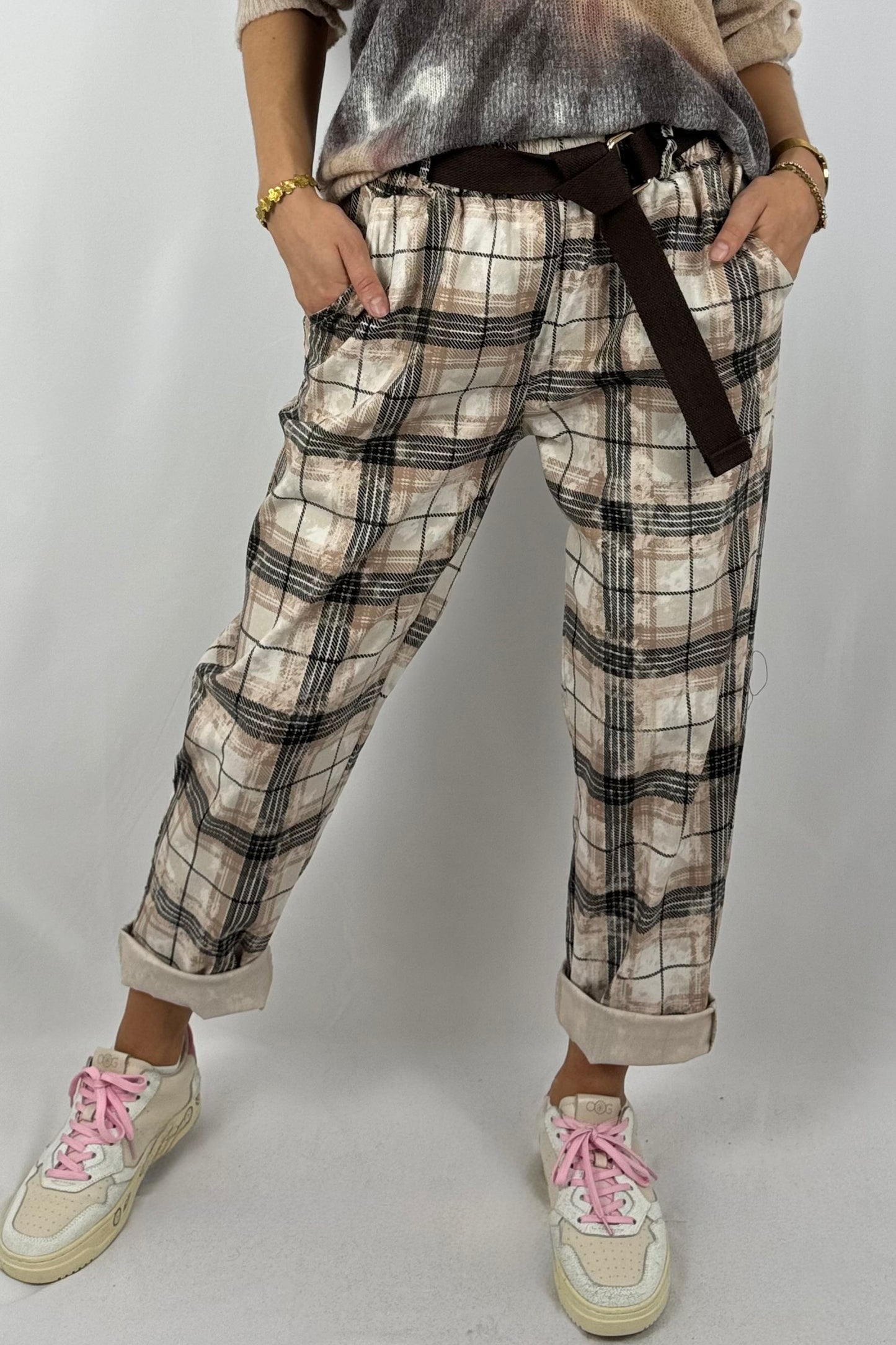 Damen Hose – Karomuster mit Gürtel-Beige