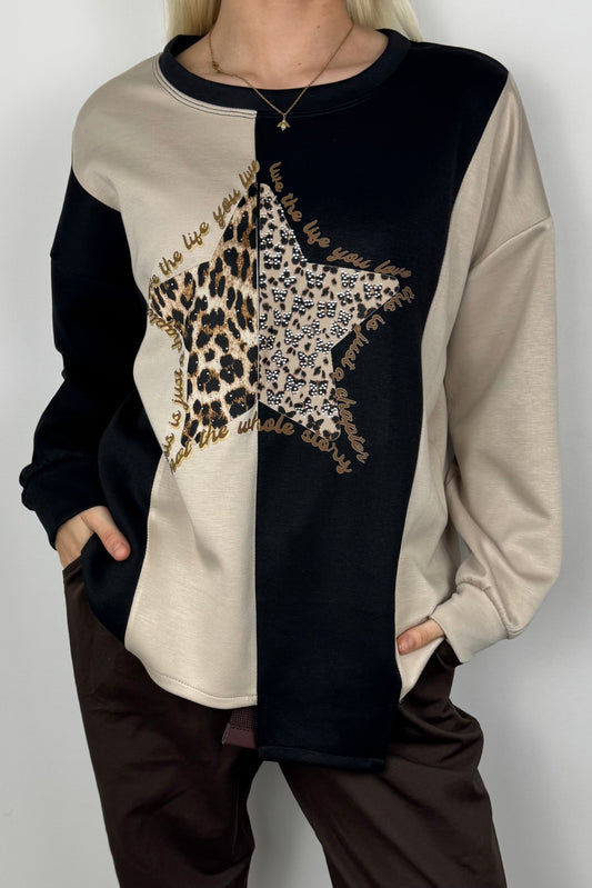 Langarmshirt mit Stern-Applikation-Schwarz
