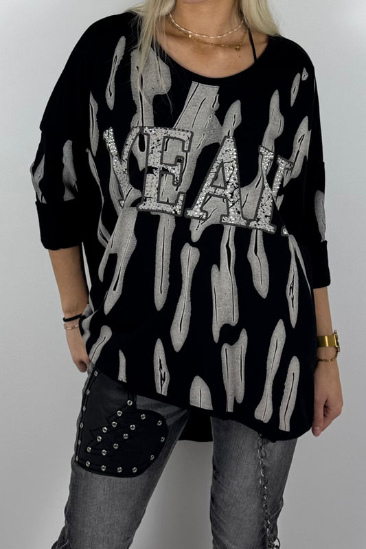 Damen-Sweatshirt mit „YEAH“-Schriftzug und Glitzersteinen-Schwarz