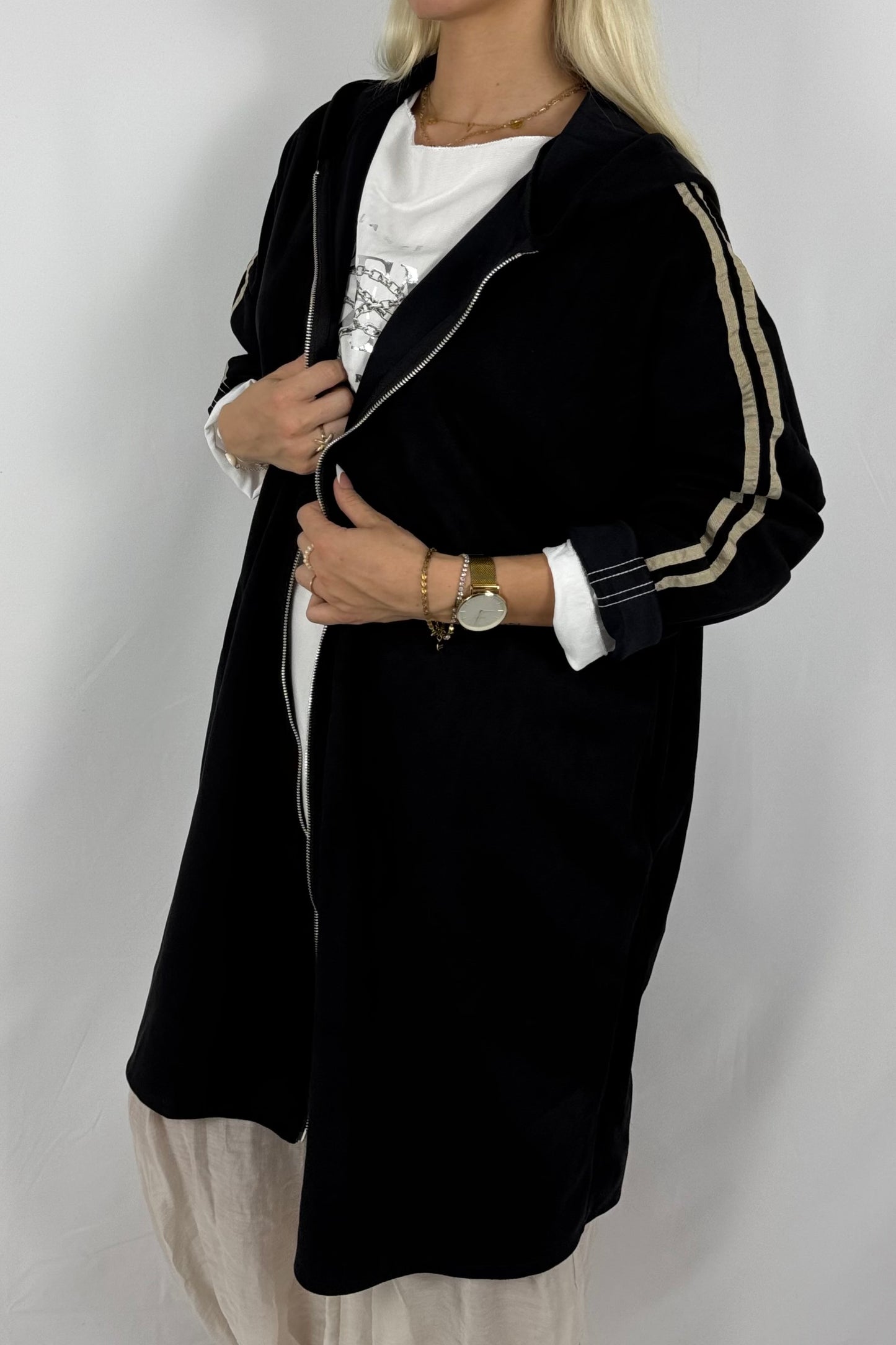 Lässige Longjacke in Velours-Optik mit Kapuze-Schwarz