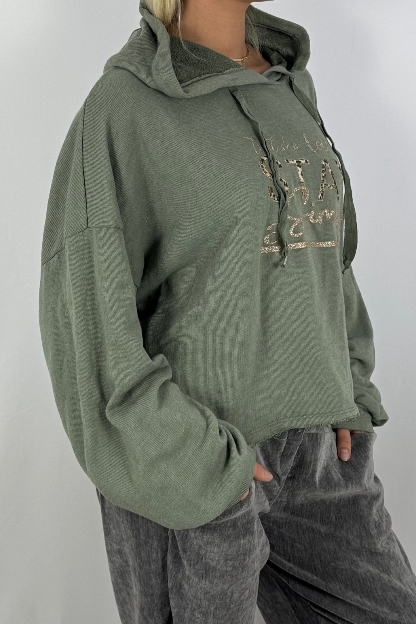 Damen Hoodie – Cropped mit Statement-Print-Khaki