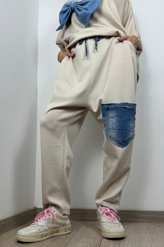Stylische Hose mit Denim-Details und Komfort-Bund-Beige