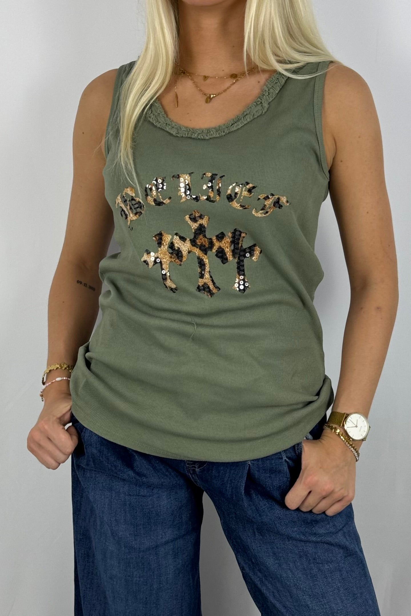 Damen Top mit Leo-Print & Pailletten-Khaki