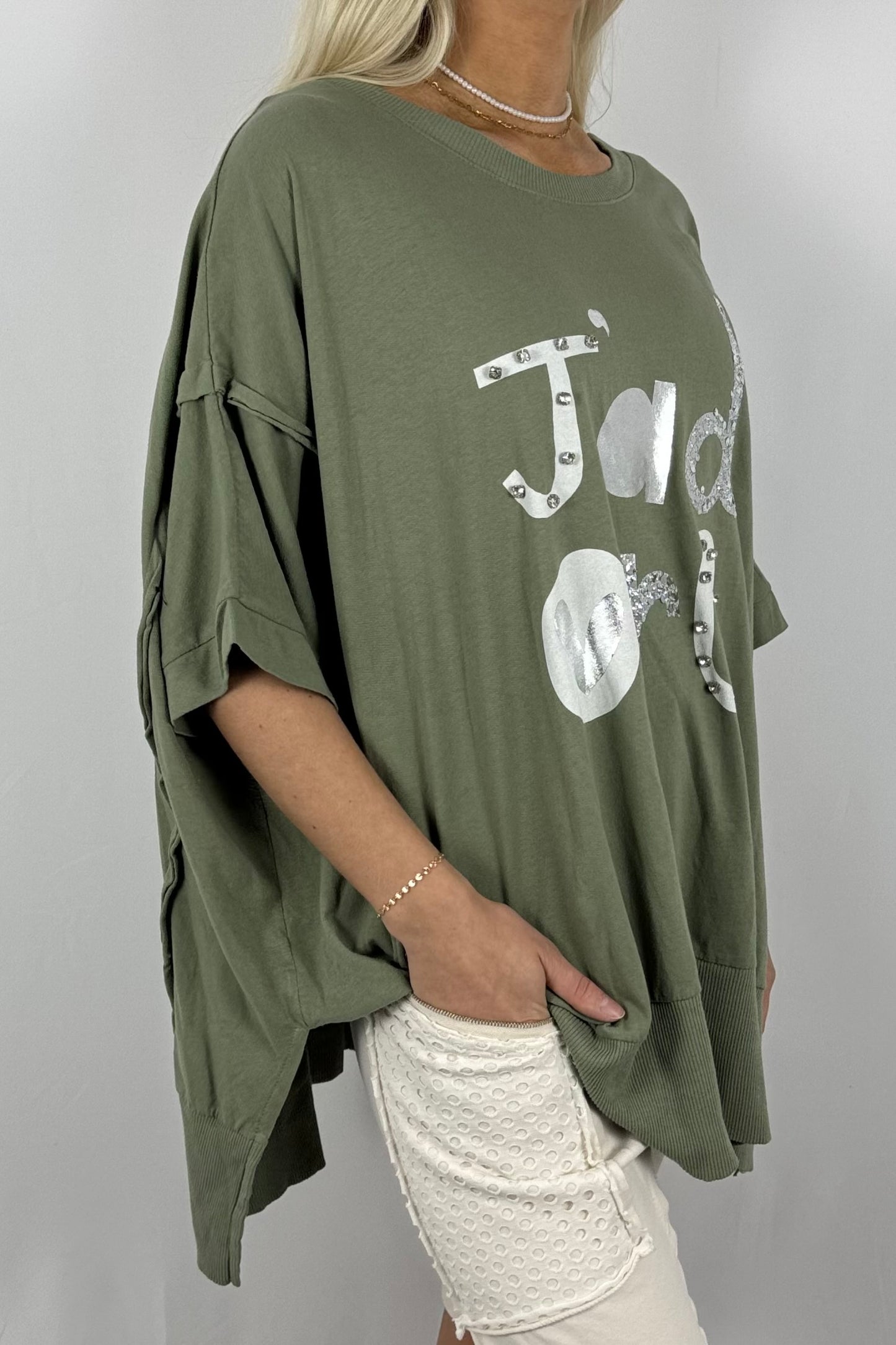 Oversize-Shirt „J’adore“ mit Glitzer-Print-Khaki