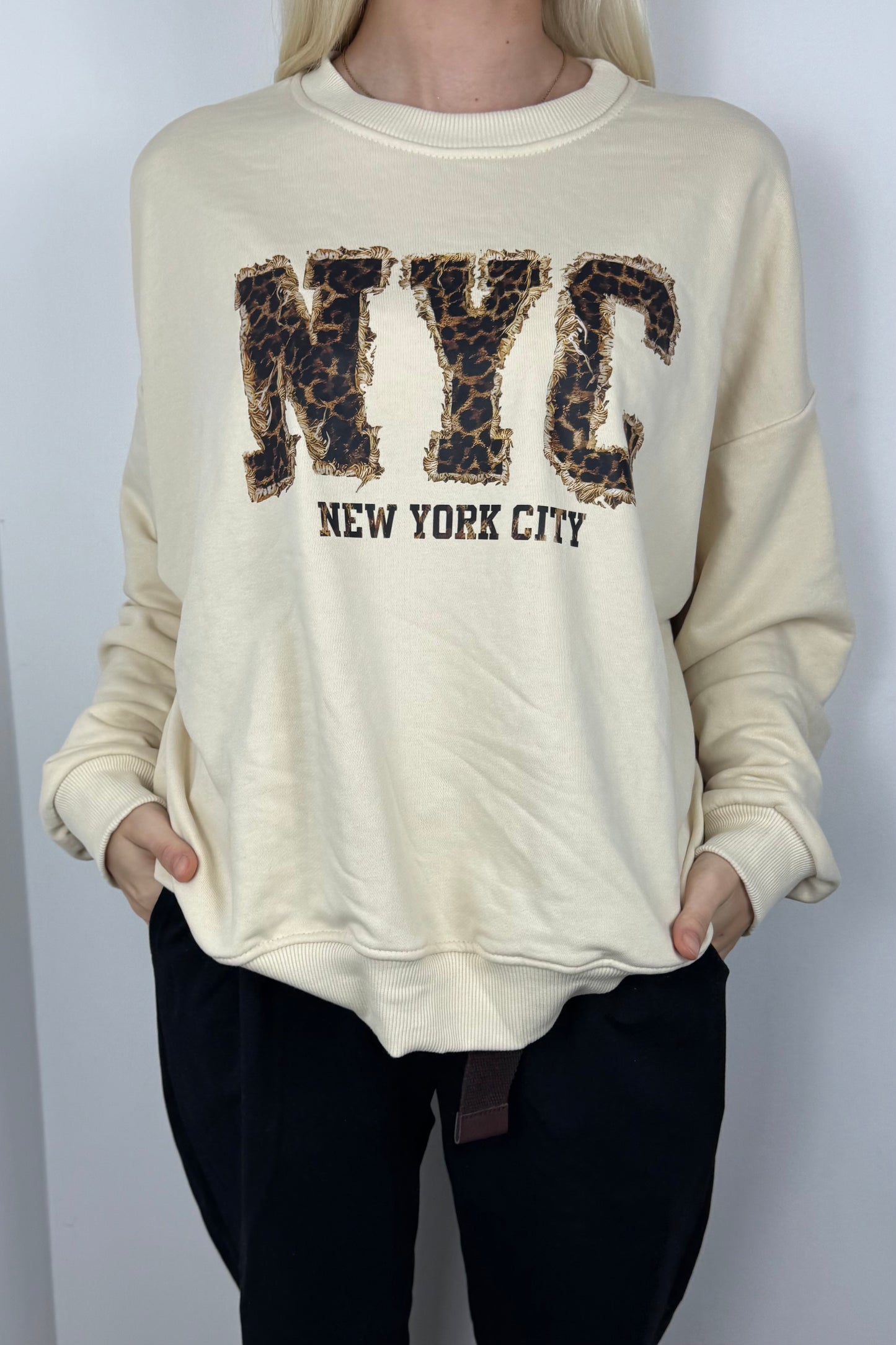 Sweatshirt mit NYC-Applikation-Beige