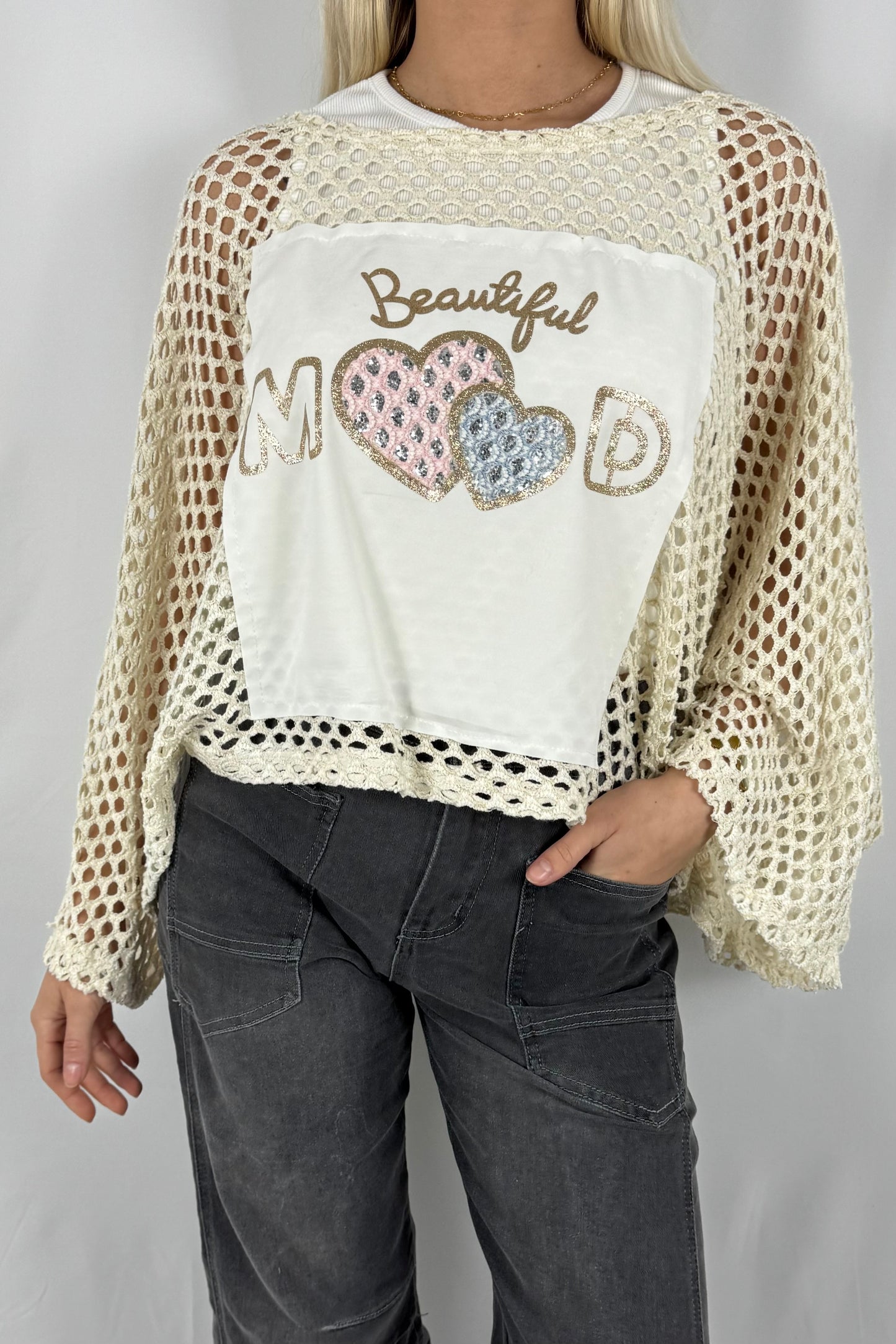 Damen Strickpullover mit Netzstruktur und Beautiful Mood Print-Beige