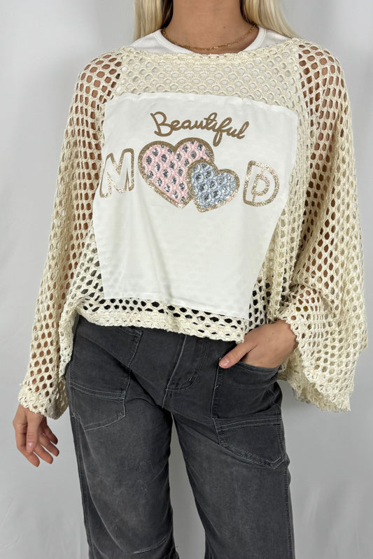 Damen Strickpullover mit Netzstruktur und Beautiful Mood Print-Beige