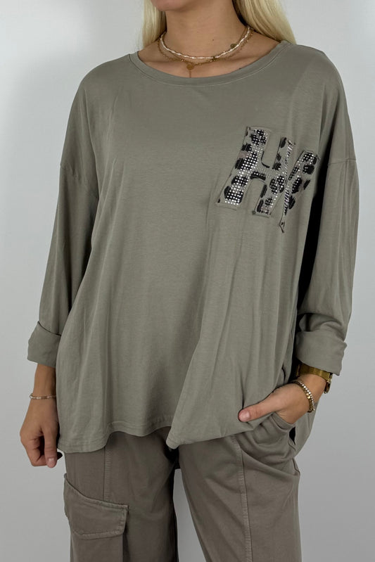 Oversize Longshirt mit Leo-Detail –Mud