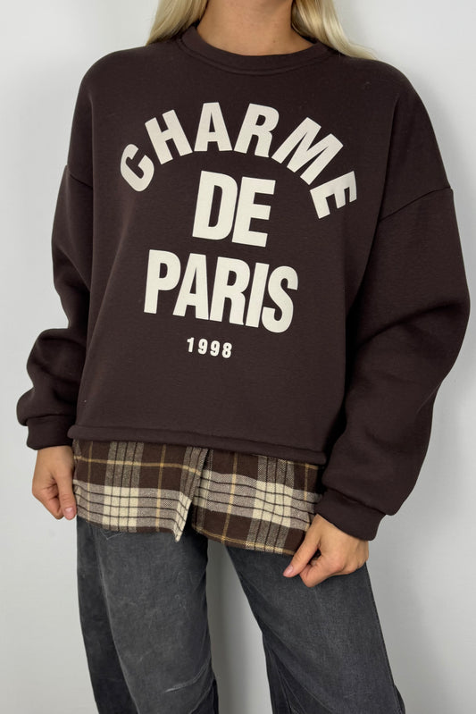 Sweatshirt mit „Charme de Paris“ Print und Karodetail-Choco