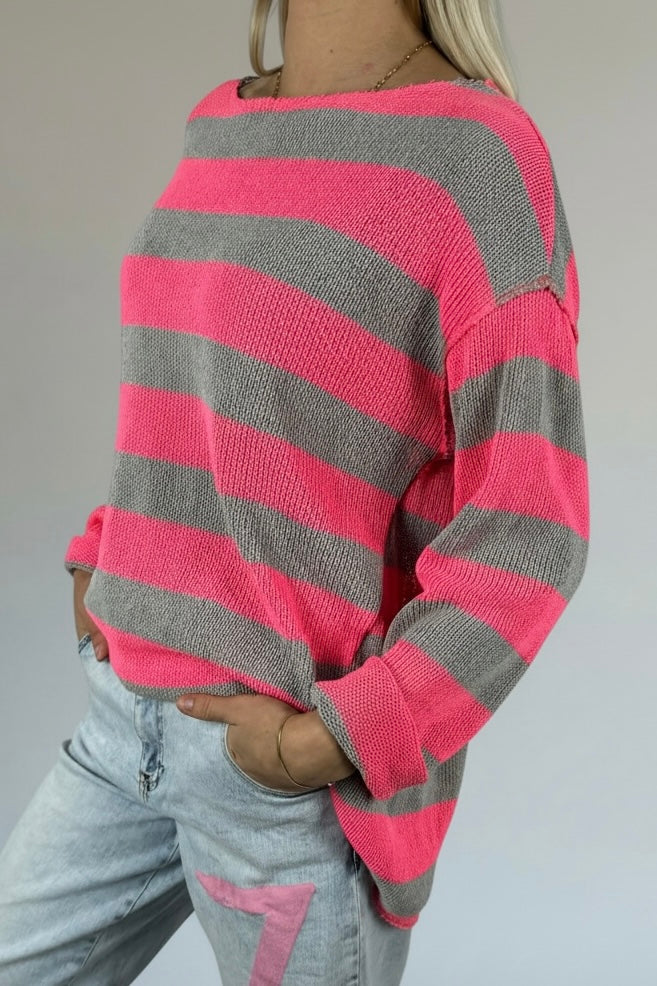 Gestreiftes Shirt mit Rundhalsausschnitt-Grau