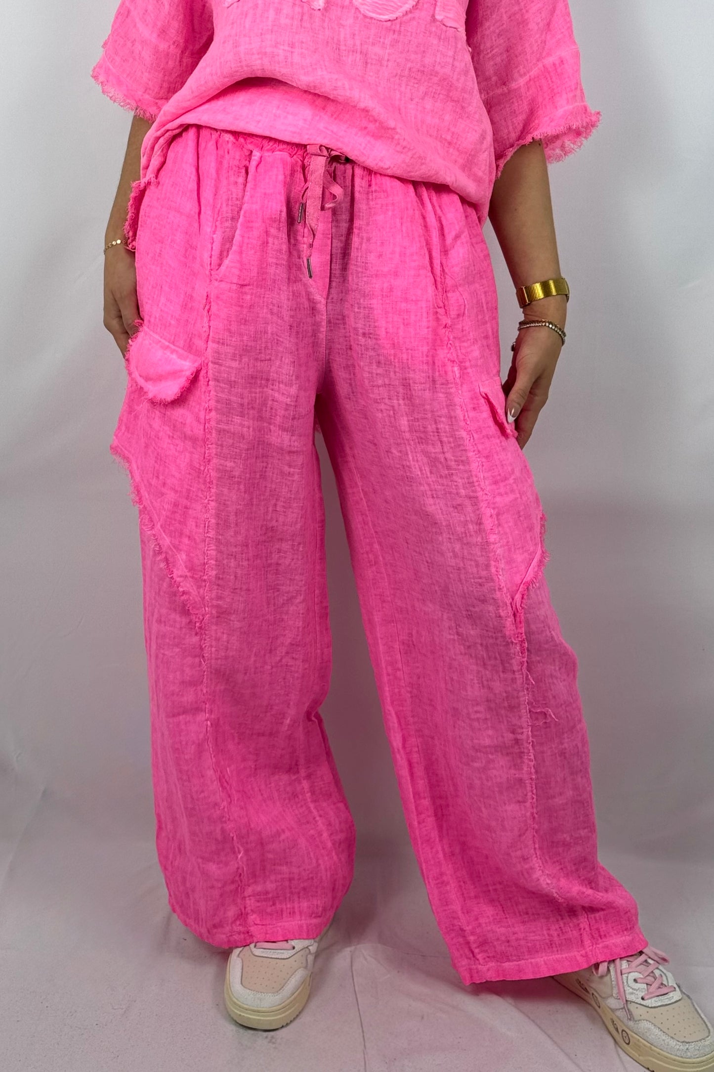 Leinenhose mit fransigen Details-Neon Pink