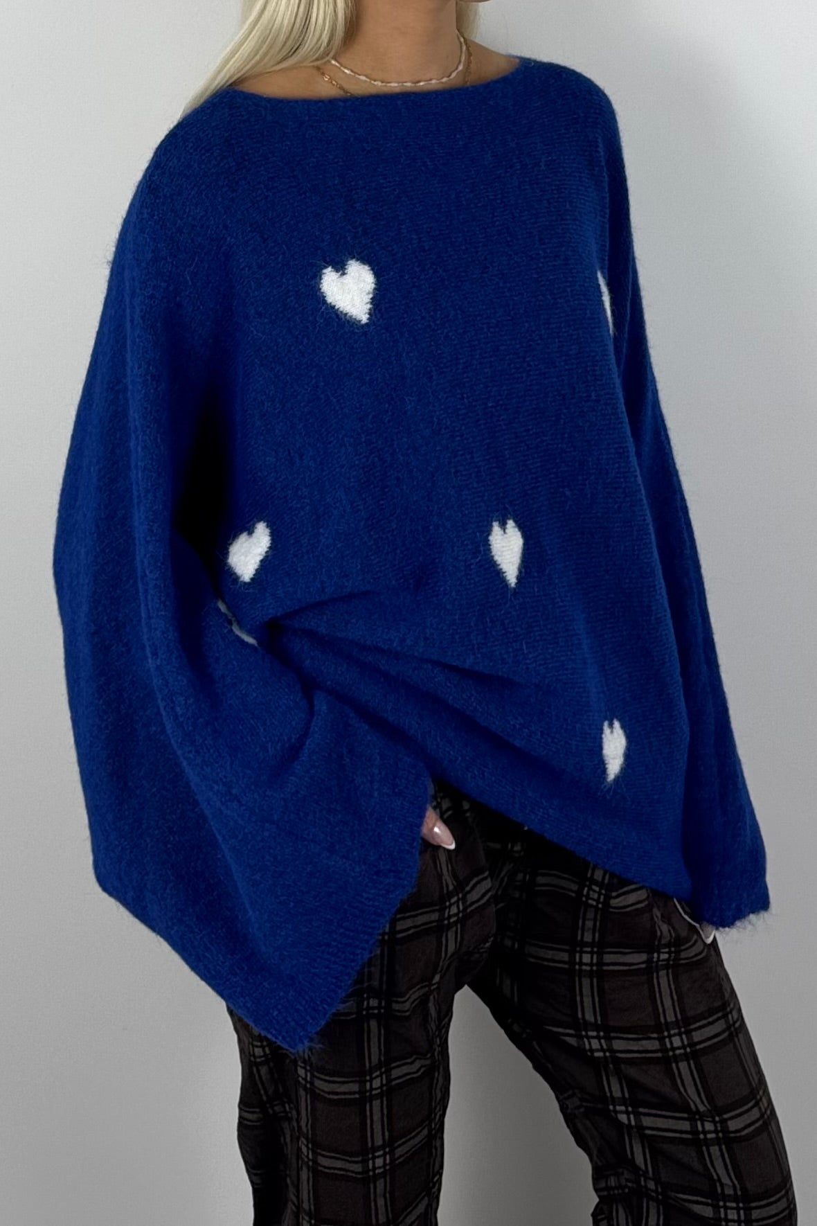 Damen Oversize-Strickpullover mit Herzmuster-Blau