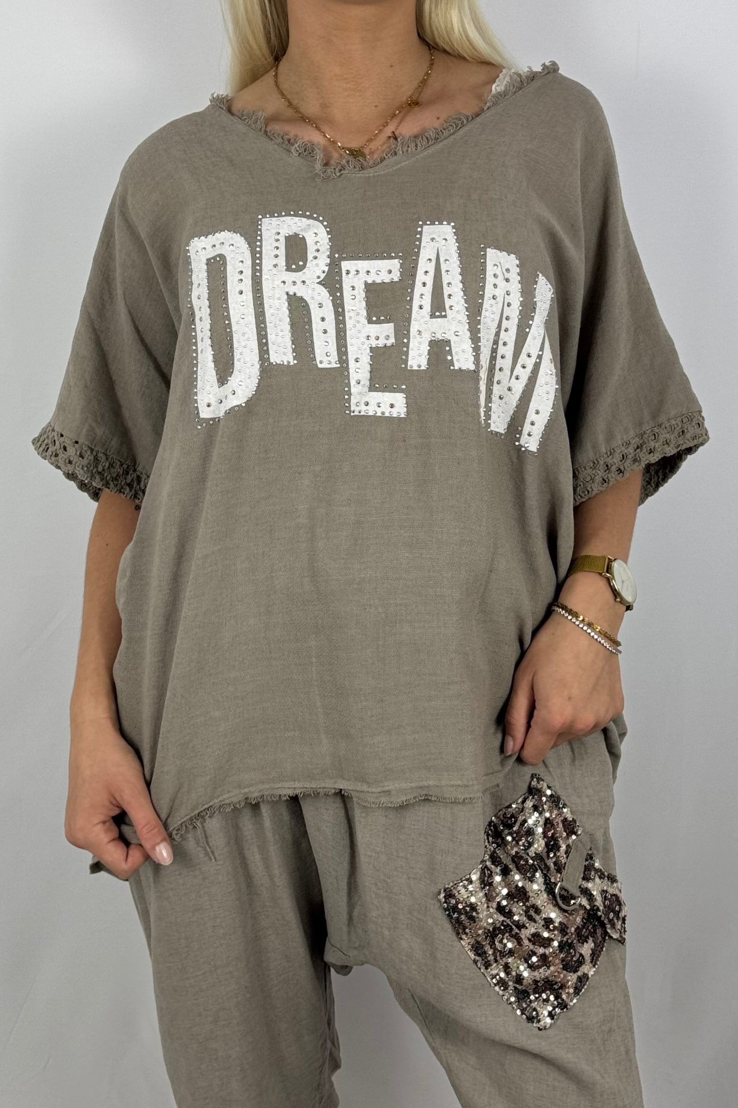 Leinen-Shirt „DREAM“ mit Strassdetails-Mud