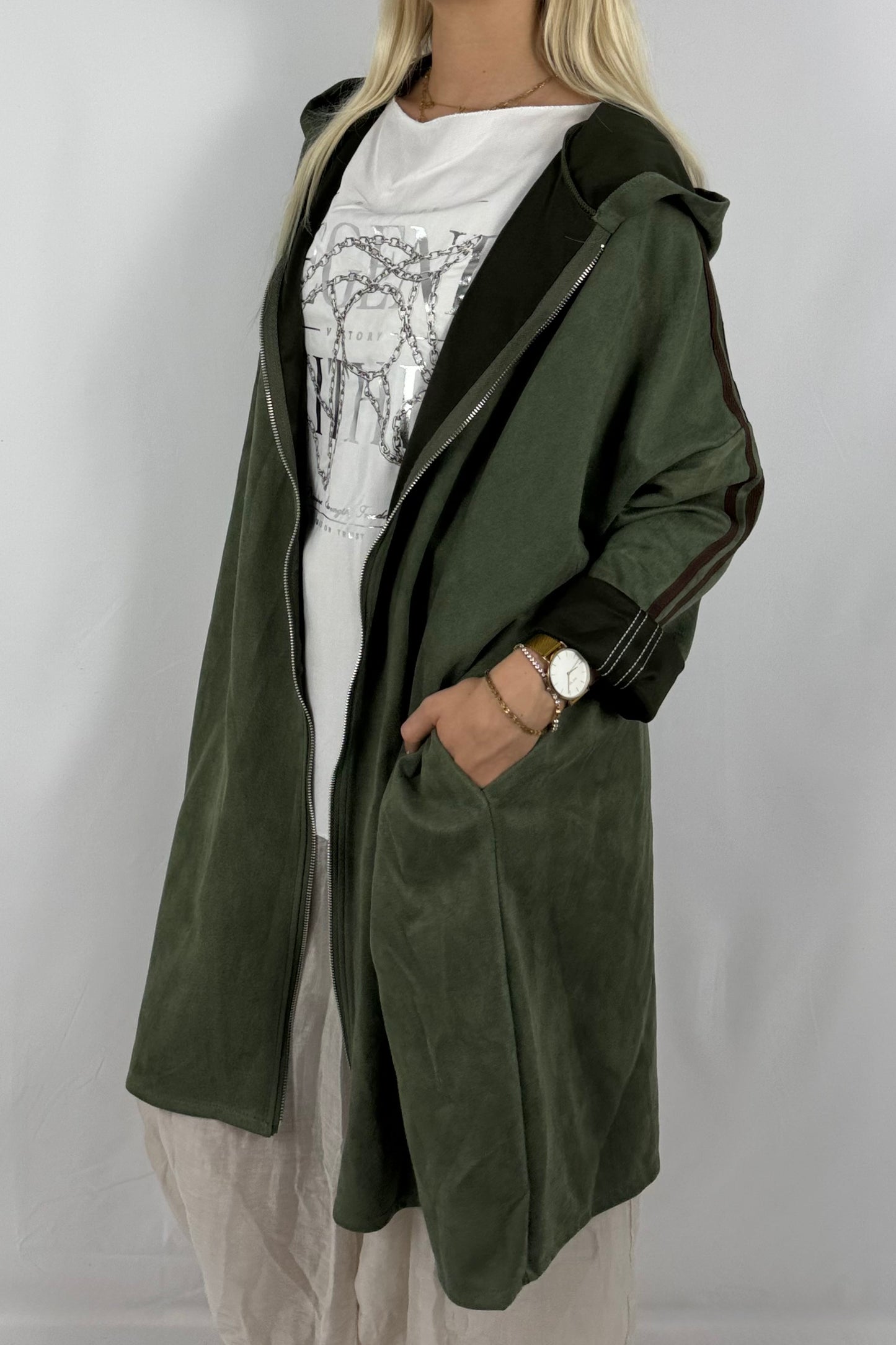 Lässige Longjacke in Velours-Optik mit Kapuze-Khaki