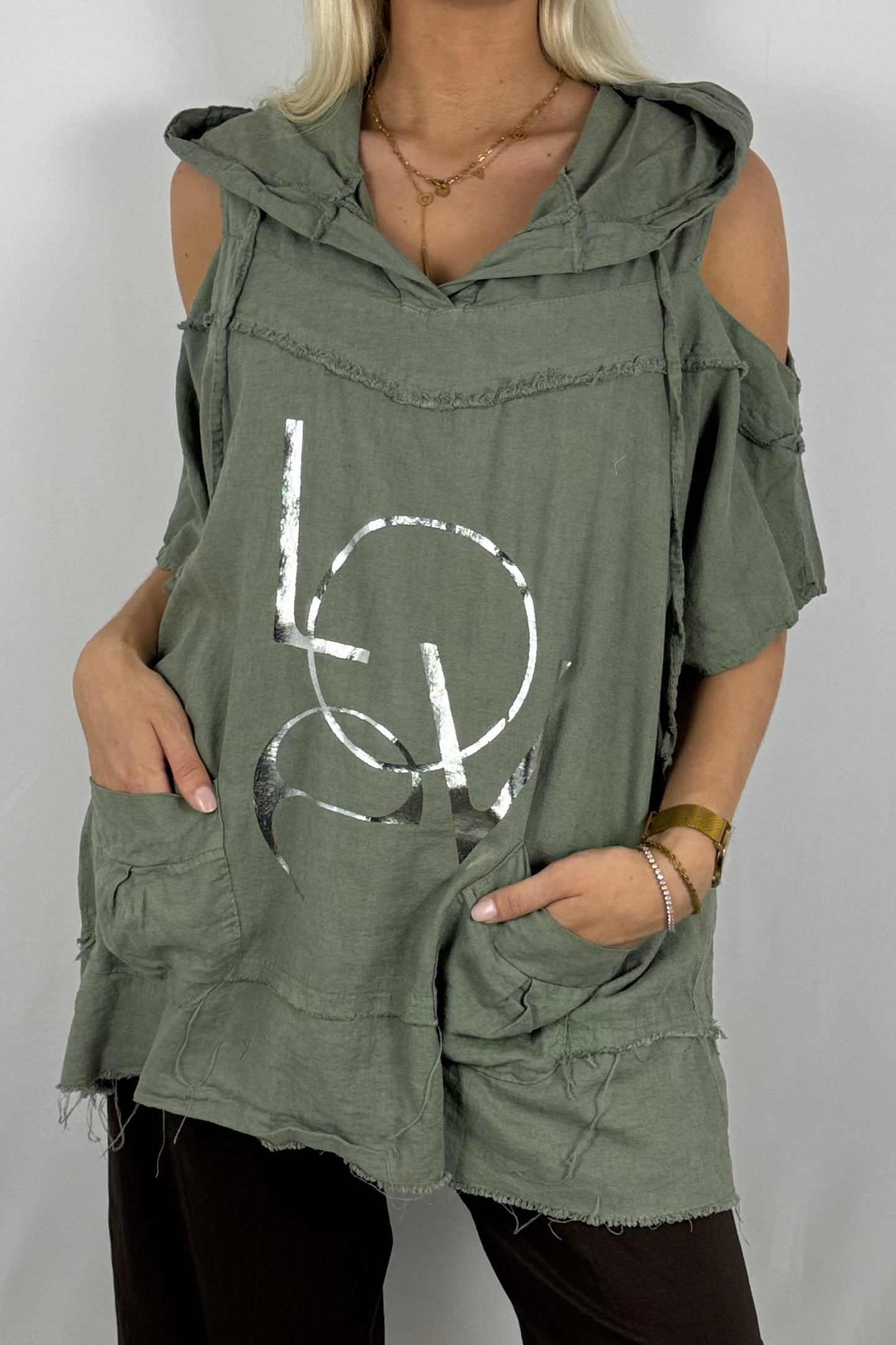 Leinen-Top mit Kapuze & LOVE-Print-Khaki