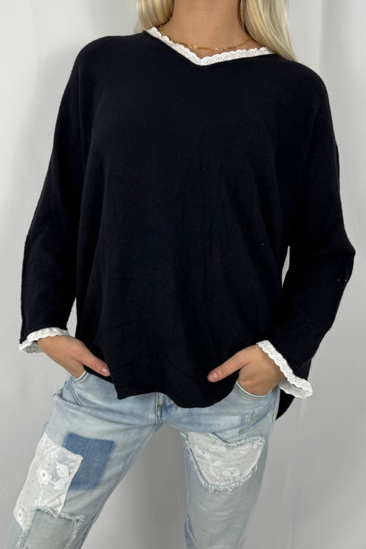 Shirt mit V-Ausschnitt & Spitzen-Detail –Schwarz