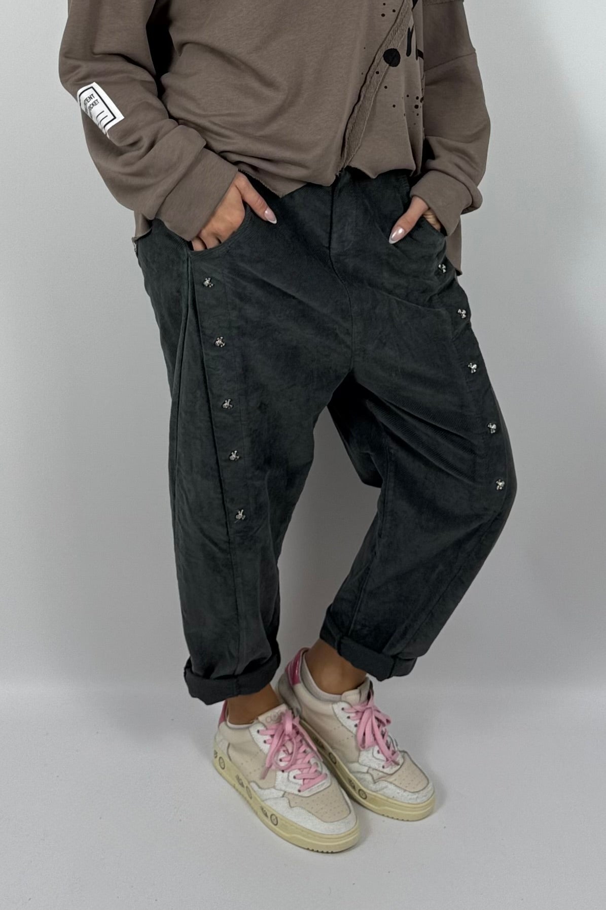 Damen Hose mit Schmuckdetails – Anthrazit
