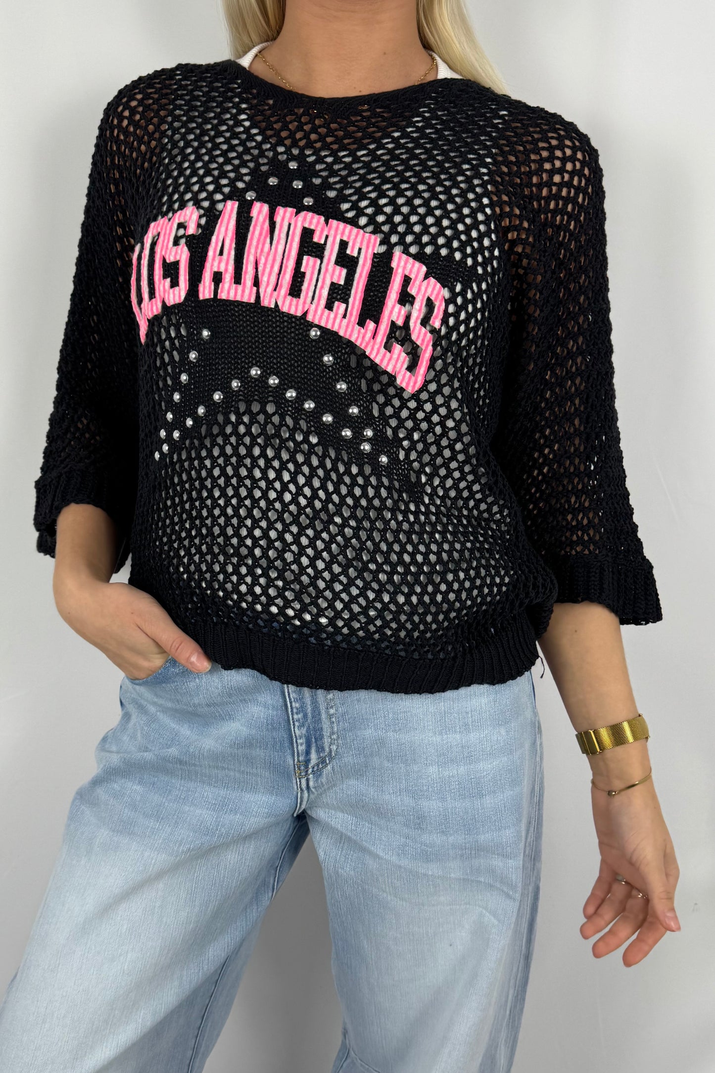 Damen Strickshirt „Los Angeles“ mit Strass-Schwarz
