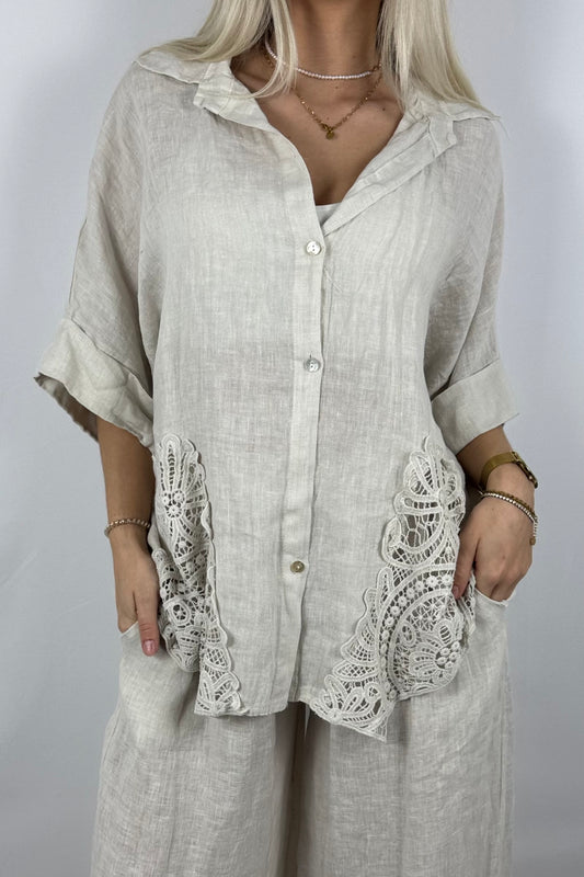 Leinen Bluse mit Spitze – Lockerer Oversize Style-Beige