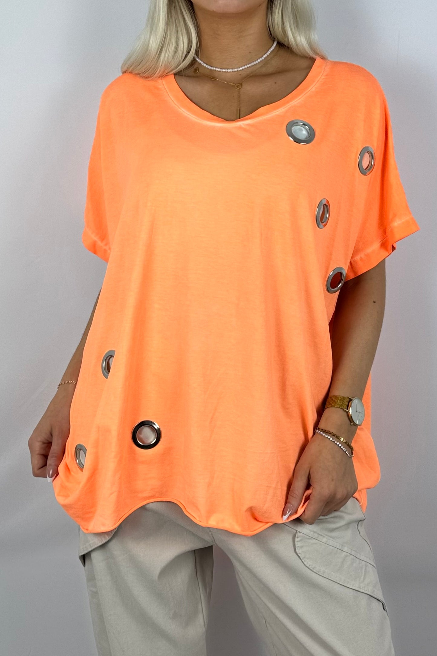 Oversize-Shirt mit dekorativen Metallösen-Neon Orange