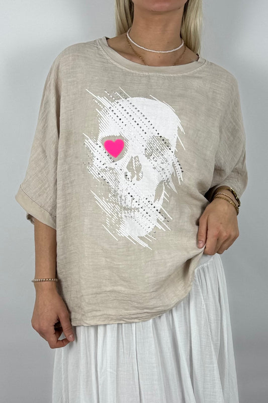 Oversize Shirt mit Skull & Herz Print – Leinenmix-Beige