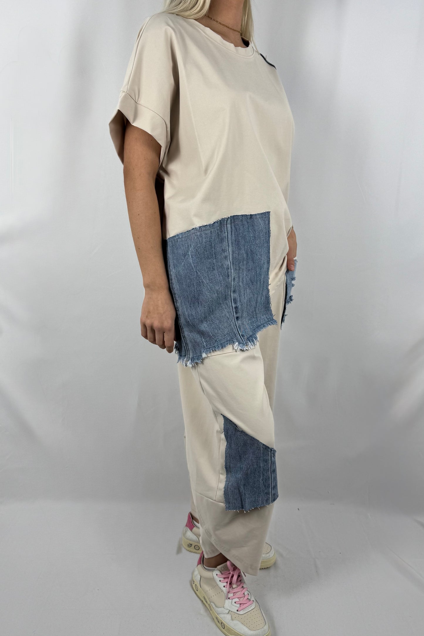 Damen Zweiteiler Set mit Denim Patch Details-Beige